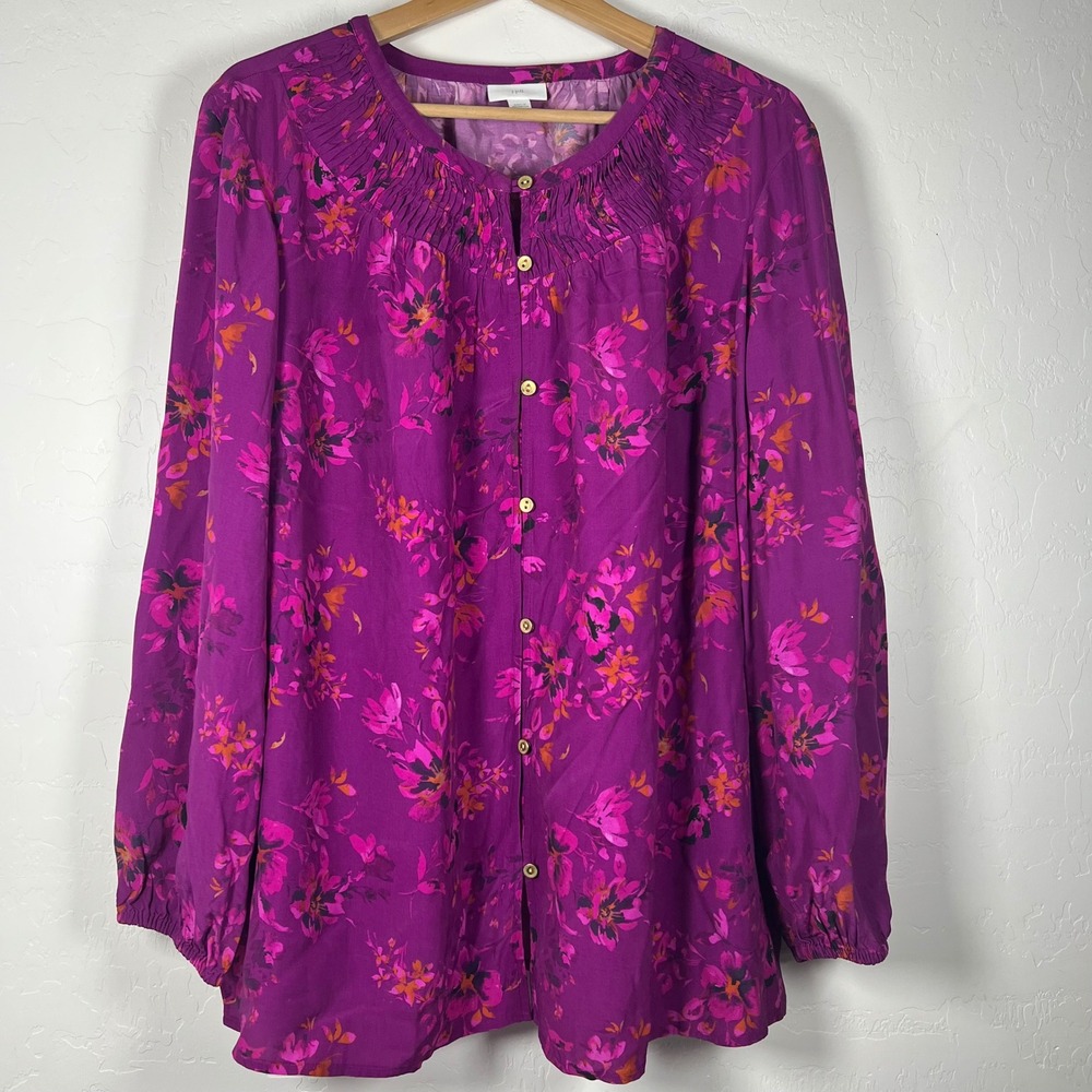 J. Jill Purple Floral Button Front Pleated Neck Blouse XL WTP305571